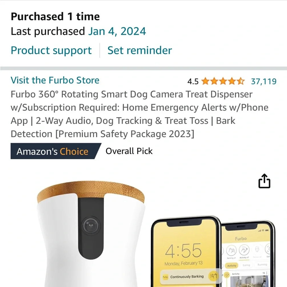 Furbo Pet Camera in White with Bamboo Top - Wi‑Fi HD Monitoring